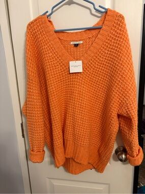 American Eagle Outfitters Bright Orange V-Neck Waffle Knit Sweater